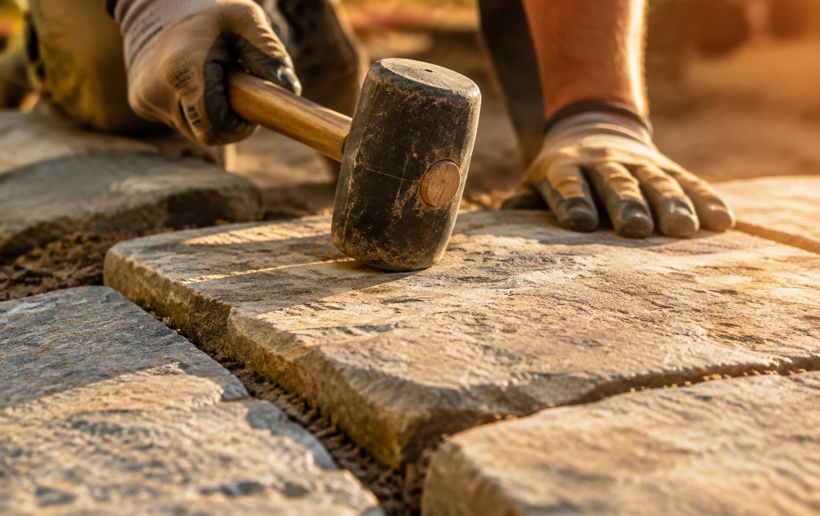Craftsman setting a stone paver by hand (illustrative image)