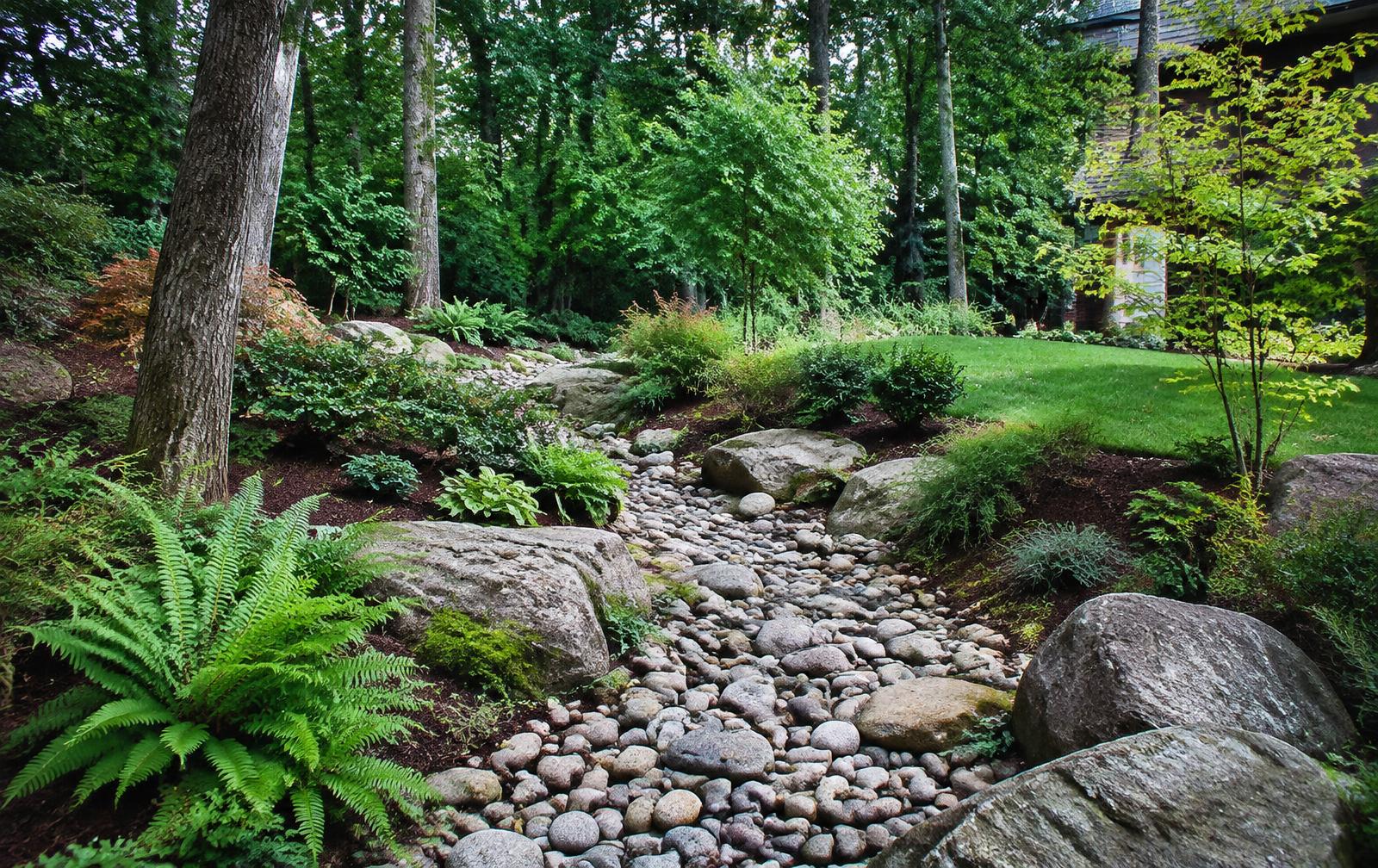 River rock dry creek bed drainage through a shade garden (illustrative image)