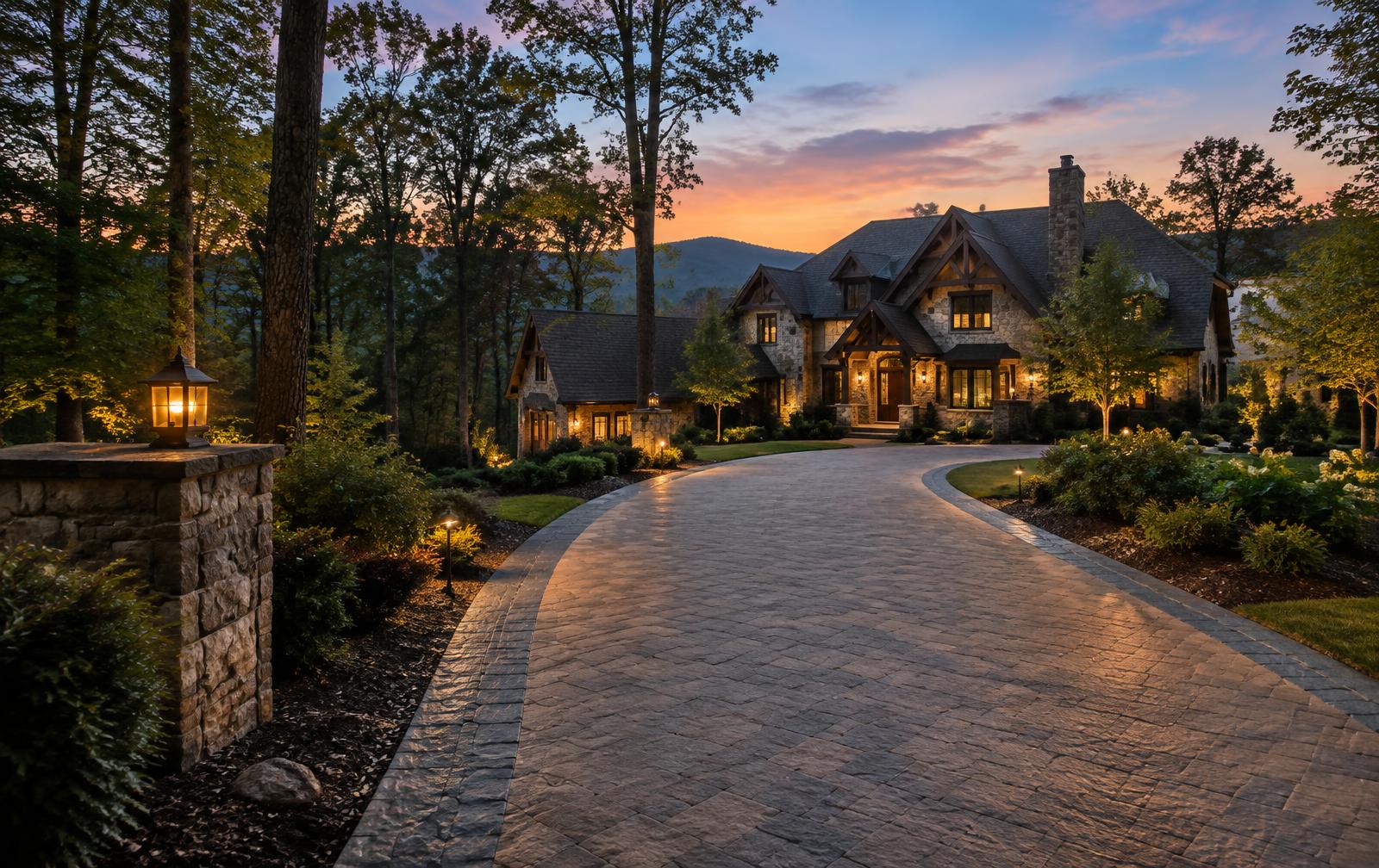 Curved concrete driveway leading to a hillside home at golden hour (illustrative image)