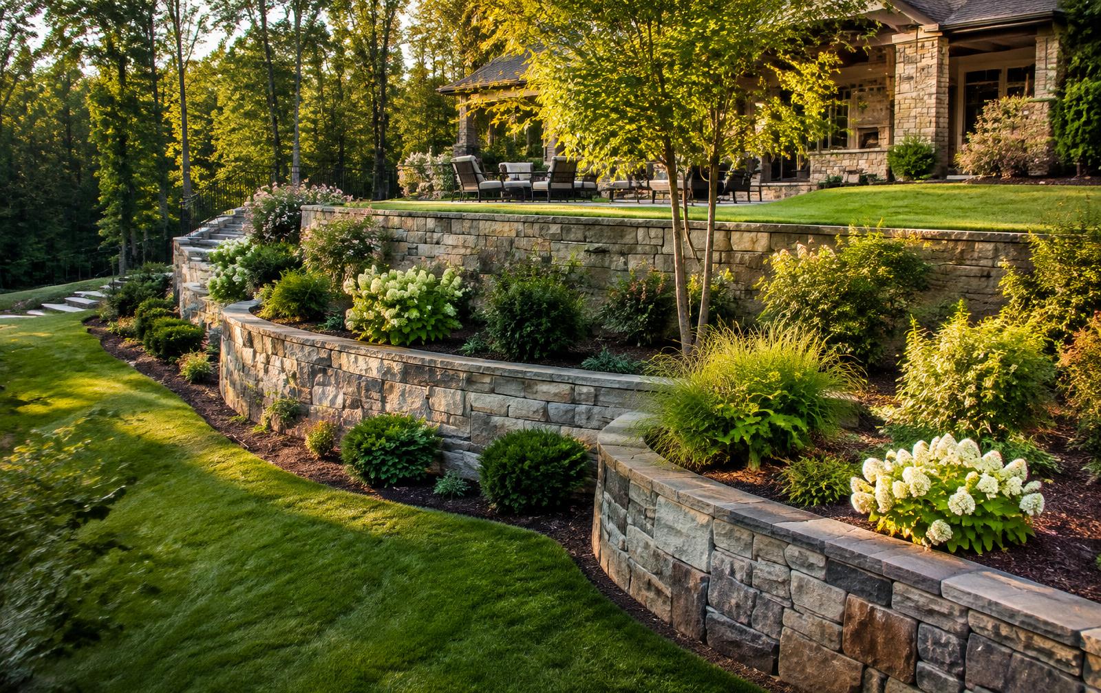 Terraced stone retaining walls with planting beds (illustrative image)