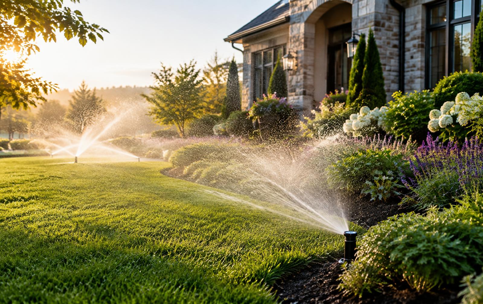 Irrigation watering planting beds and lawn at a stone home at sunrise (illustrative image)
