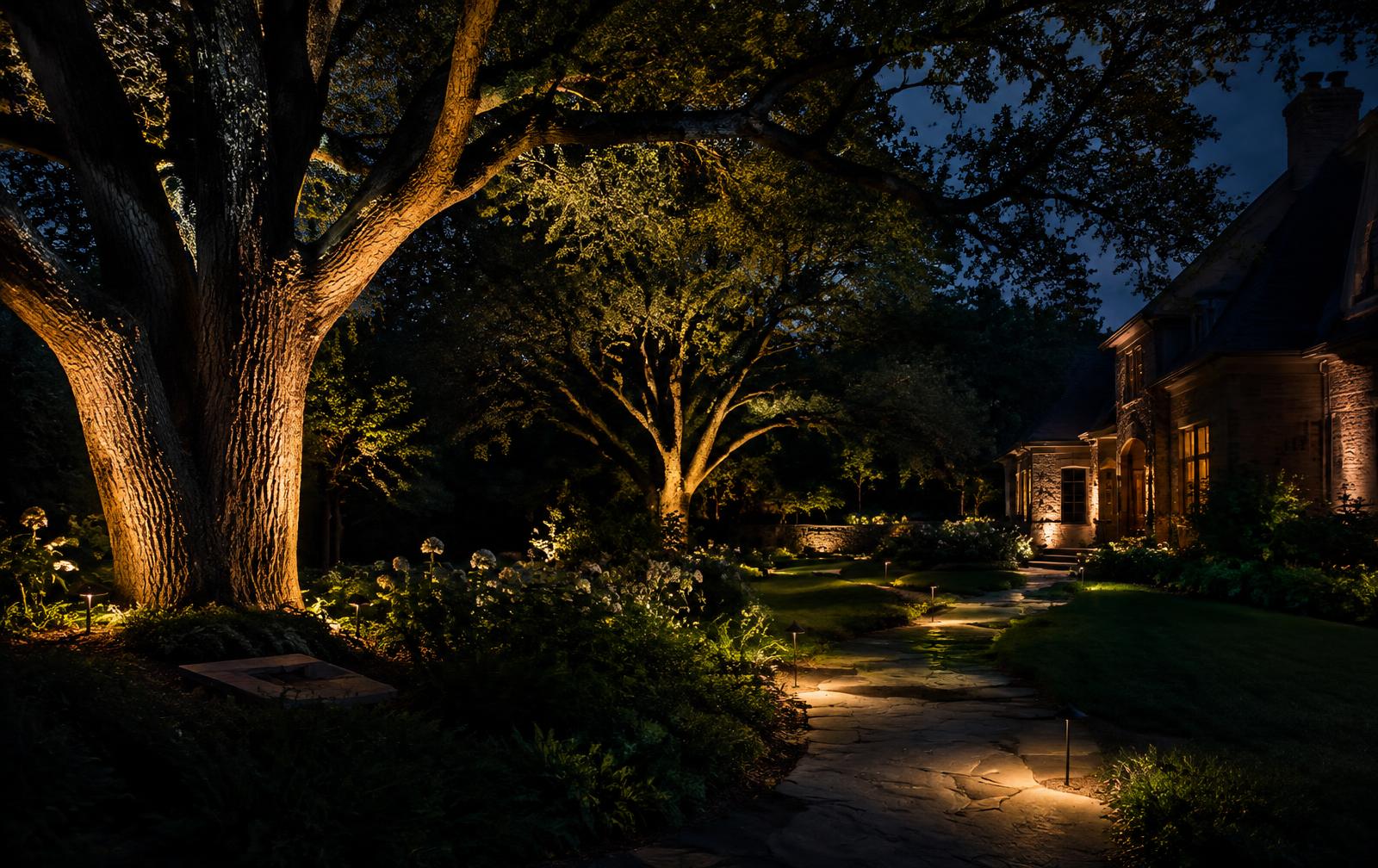 Mature trees uplit at night with pathway lights along a stone walk (illustrative image)