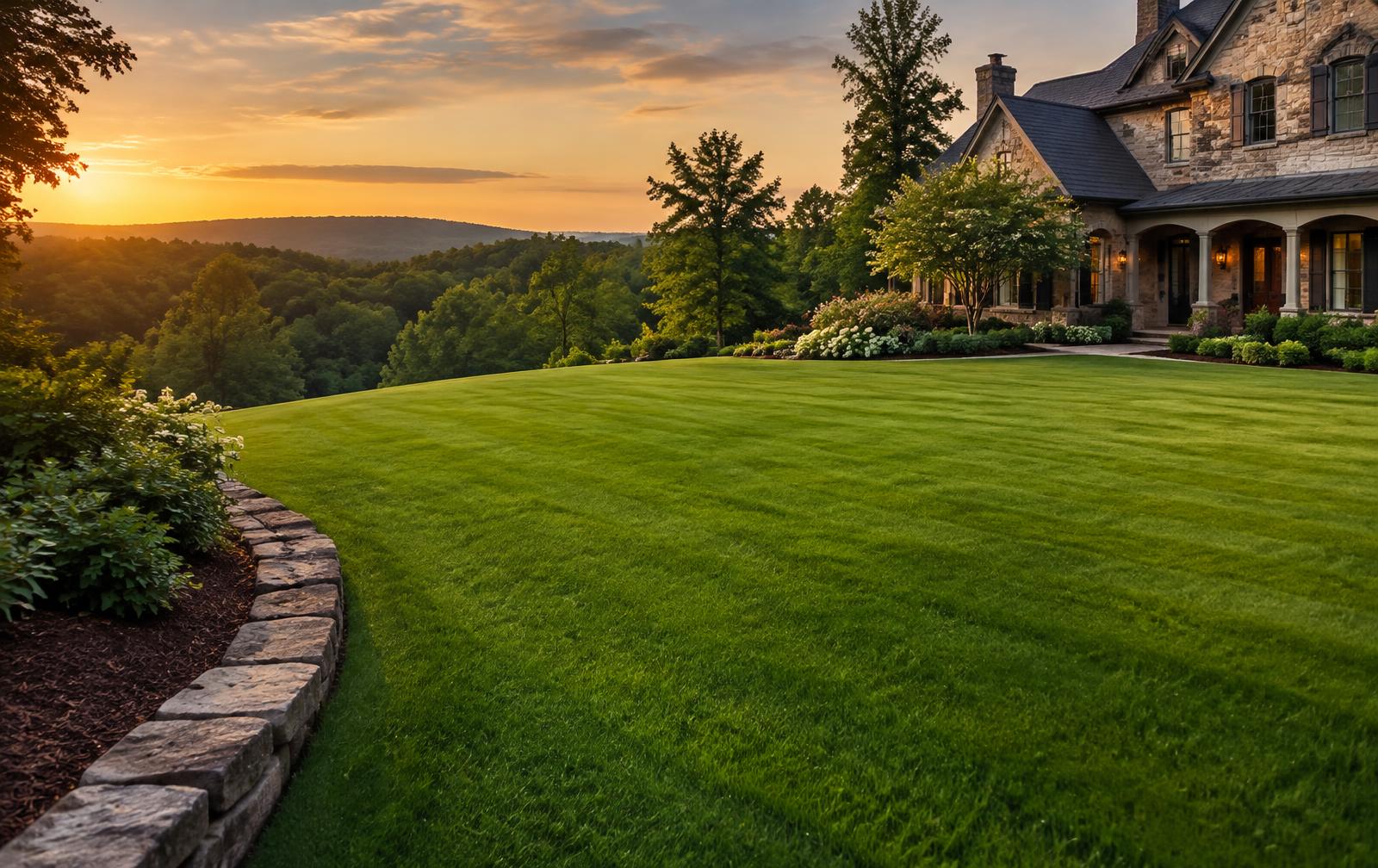 Freshly installed lawn with stone edging and mountain views at sunset (illustrative image)